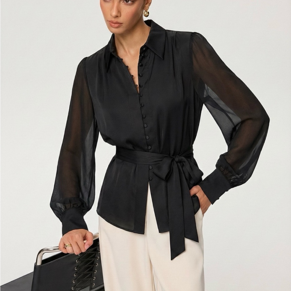 Commense Black Sheer Blouse with Waist Tie